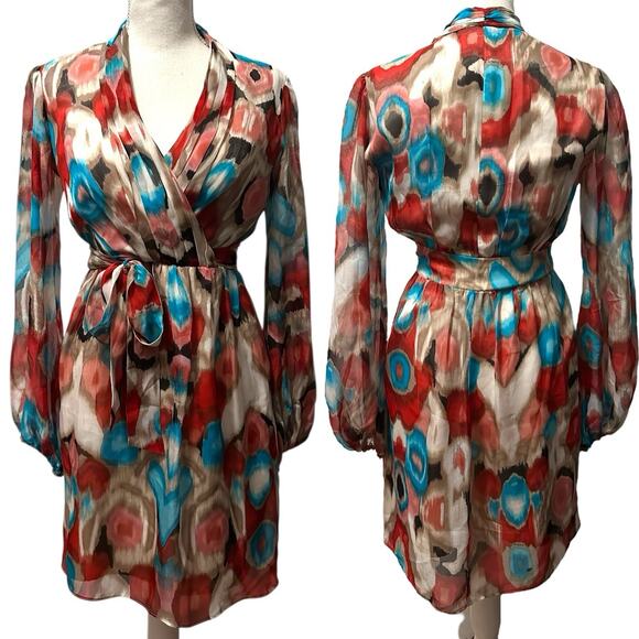 Laundry by Shelli Segal Multicolor Abstract Print Silk Wrap Mini Dress Size 2 - Picture 1 of 8